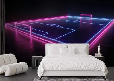 The neon soccer field scheme, a football pitch, a virtual sportive game, and the pink blue glowing line in the midst of a black background are rendered in 3D. Wall mural