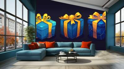 The set contains closed and open blue gift boxes with yellow ribbons and bows for game UI design. The set also includes a cartoon modern illustration of a prize prize pack featuring neon neon glow. Wall mural