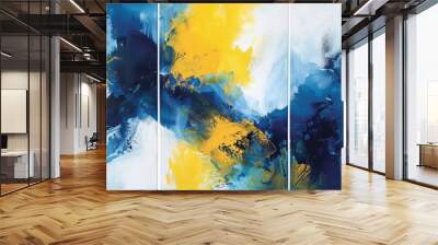 There are three abstract paintings in this set with yellows and dark blues. Illustrations are included. Wall mural