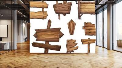 There are wooden billboards, street signs, wood boards, blank panels, ropes and nails, road directions, a bar and saloon UI element set, and a cartoon set of modern elements. Wall mural