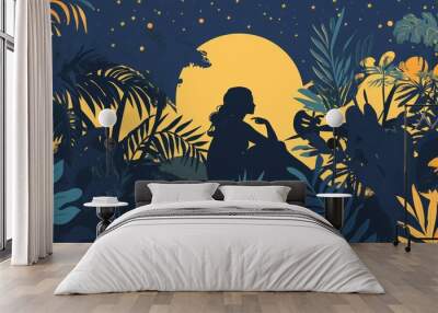 There is a full moon in the distance as a serene woman enjoys a tropical night Wall mural