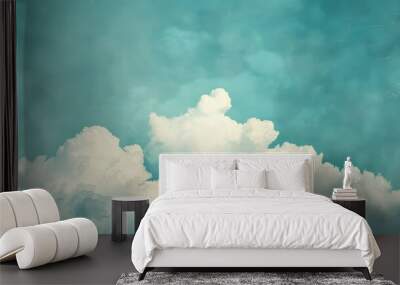 There is a pale sky blue background with a soft puffy cloudy white center and a faded vintage textured border in the center Wall mural