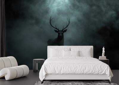 This breathtaking image features a majestic stag with impressive antlers emerging from an ethereal mist. Wall mural