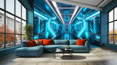 This is a futuristic interior design with a beautiful view of the landscape in a sci-fi style Wall mural