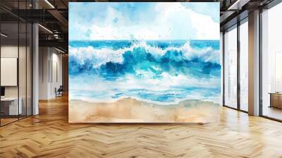 This is a hand drawn watercolor illustration of a tropical beach by the ocean with golden sand, waves, and blue water. Wall mural