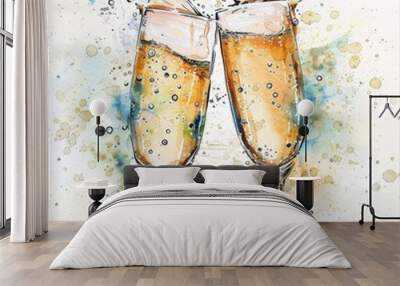 This watercolor illustration shows two glasses of champagne. Wall mural