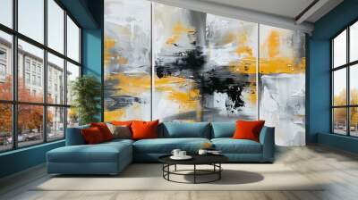 Three abstract paintings with yellow, black, and gray colors. Wall mural