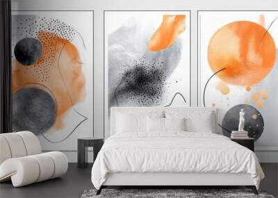 Three abstract watercolor paintings, black and orange Wall mural