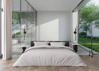 Three-dimensional rendering showing a white modern empty room with open sliding doors to a terrace overlooking a scenic view of nature Wall mural