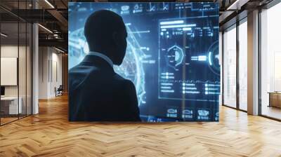 View from the side of an African-American businessman working with a virtual panel. Enterprise technologies that are innovative and forward-looking for your business. Futuristic technologies. Wall mural