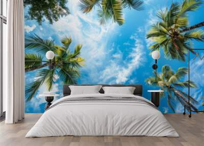 With a beautiful tropical background and two nice palm trees, an image of two nice palm trees with blue skies can be found. Wall mural