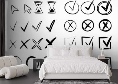 Set of hand drawn check marks. Check signs voting agree. Isolated vector symbols on white background. Pointer click cursor and loading icons Wall mural