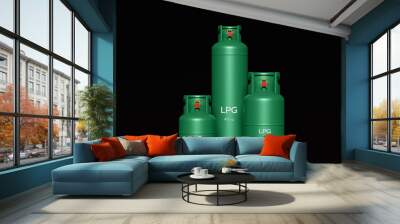 4 kg, 15 kg, 48 kg LPG gas cylinder Screen LPG text on the gas tank with a black wall background. - 3D render Wall mural