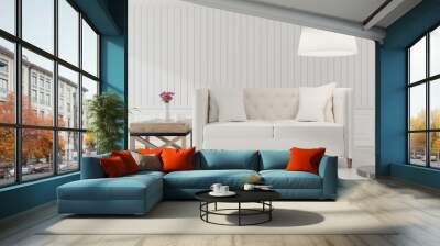 The interior has a White sofa on empty white wall background, 3D rendering Wall mural