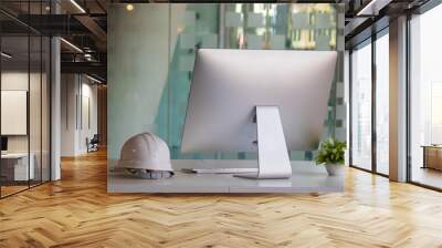 Close up view of engineer worktable with computer, safety helmet, stationery and copy space on white desk in glass partition office room. Wall mural