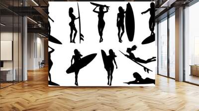 Female surfer and surfboard silhouette poses Wall mural