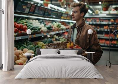 A close-up of a happy, stylish young man shopping in the fresh produce section of a supermarket, holding a basket while browsing colorful fruits and vegetables displayed in the grocery store. Wall mural