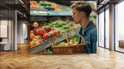 A close-up of a happy, stylish young man shopping in the fresh produce section of a supermarket, holding a basket while browsing colorful fruits and vegetables displayed in the grocery store. Wall mural