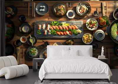 Japanese restaurant dinner table spread in top-down view, array of beautifully plated sushi, sashimi, tempura, surrounded, fresh salads, traditional Japanese food Wall mural