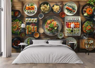 Japanese restaurant dinner table spread in top-down view, array of beautifully plated sushi, sashimi, tempura, surrounded, fresh salads, traditional Japanese food Wall mural