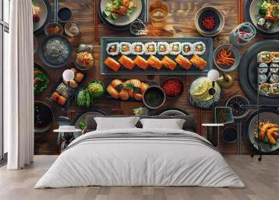 Japanese restaurant dinner table spread in top-down view, array of beautifully plated sushi, sashimi, tempura, surrounded, fresh salads, traditional Japanese food Wall mural