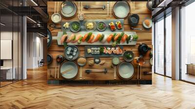 Japanese restaurant dinner table spread in top-down view, array of beautifully plated sushi, sashimi, tempura, surrounded, fresh salads, traditional Japanese food Wall mural