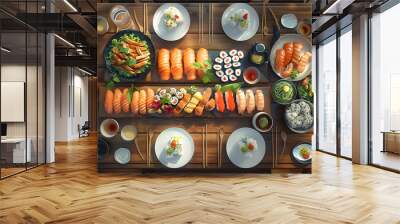 Japanese restaurant dinner table spread in top-down view, array of beautifully plated sushi, sashimi, tempura, surrounded, fresh salads, traditional Japanese food Wall mural