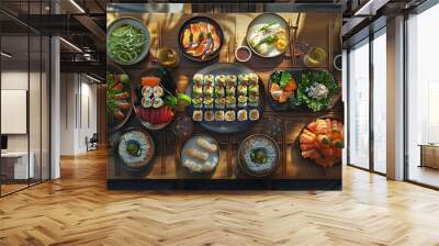 Japanese restaurant dinner table spread in top-down view, array of beautifully plated sushi, sashimi, tempura, surrounded, fresh salads, traditional Japanese food Wall mural