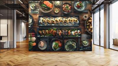 Japanese restaurant dinner table spread in top-down view, array of beautifully plated sushi, sashimi, tempura, surrounded, fresh salads, traditional Japanese food Wall mural