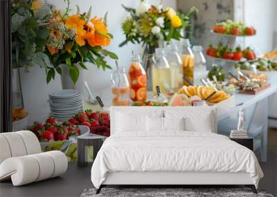 Luxury Snack table ready for event. Food and drink catering. Festively decorated beautiful big table full of food ready for guests.Horizontal color photography. Wall mural