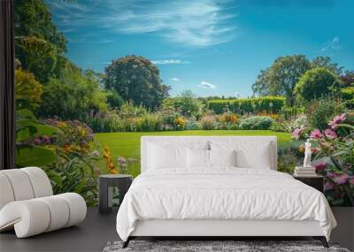 A beautiful summer garden in full bloom, with vibrant flowers and lush greenery under a clear blue sky Wall mural