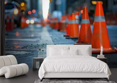 A close-up of orange traffic cones lined up on a city street, ready for roadwork Wall mural