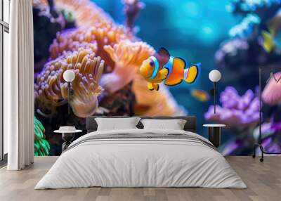 A detailed view of a saltwater aquarium with colorful fish and coral. Wall mural