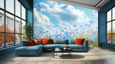 A field of light blue wildflowers swaying gently in the breeze under a bright sky Wall mural