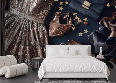 A flat lay of evening wear including a sequined dress, high heels, and a clutch purse Wall mural