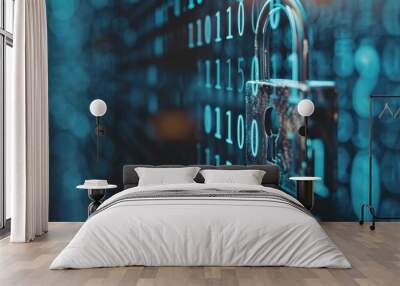 A locked padlock with binary code in the background, symbolizing data encryption and cybersecurity measures Wall mural