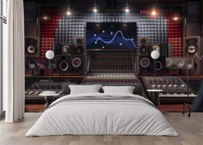 A recording studio with mixing boards, headphones, and acoustic panels, illustrating the technical setup for high-quality audio production. Wall mural