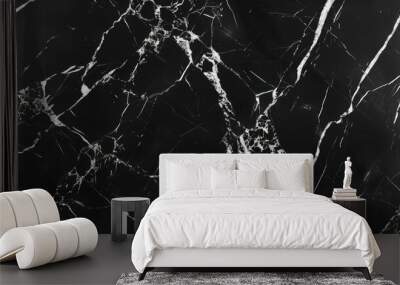 A smooth, polished black marble texture with silver veins, perfect for sleek and contemporary design backgrounds Wall mural