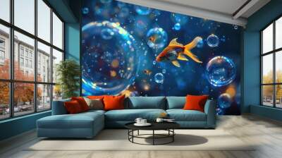 A surreal underwater scene where fish swim through glowing bubbles of light Wall mural