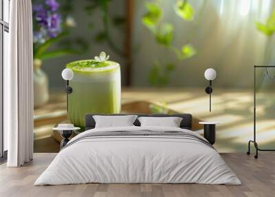 A vibrant green matcha latte with a swirl of milk, served in a glass on a wooden tray. Wall mural