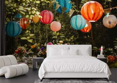 A whimsical garden party decoration setup with colorful paper lanterns, bunting, and fresh flowers Wall mural