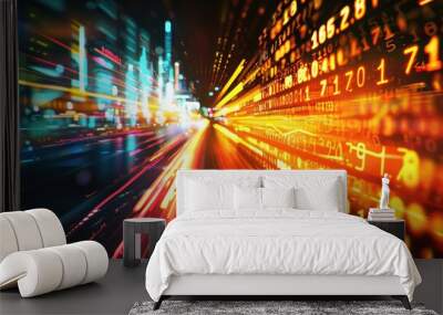 Abstract background featuring financial symbols and dynamic light streaks. Wall mural