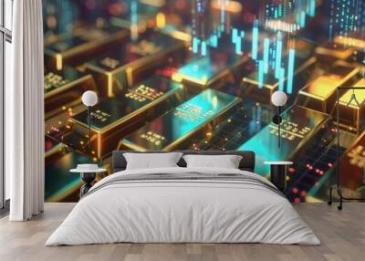 An abstract background of overlapping gold bars and cryptocurrency price charts, signifying digital wealth Wall mural