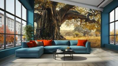 An ancient baobab tree with a massive trunk and sparse leaves creates a unique and striking background with copy space. Wall mural