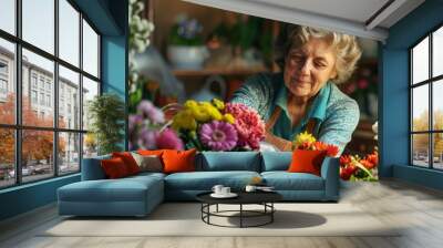 An older woman arranging a bouquet of flowers in a vase, with a gentle smile on her face Wall mural