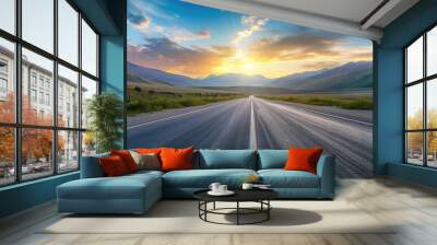 Asphalt highway road and mountain natural scenery at sunrise. panoramic view. Wall mural