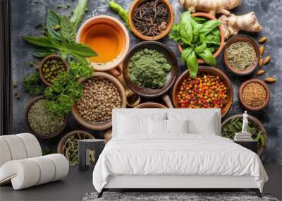 Assorted Spices and Herbs in Rustic Bowls Wall mural