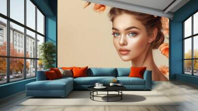 Beautiful woman with a radiant complexion, exuding elegance. Copy space on the right for additional content. Wall mural