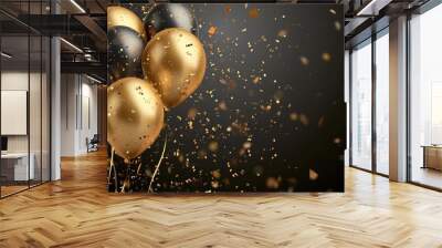 Birthday golden balloons background design. Happy birthday golden balloon and confetti decoration element for birth day celebration greeting card design Wall mural