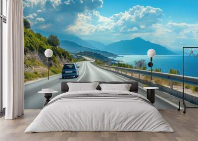 car driving on the road of europe. road landscape in summer. it's nice to drive on the beach side highway. Highway view on the coast on the way to summer vacation. Turkey trip on beautiful travel road Wall mural